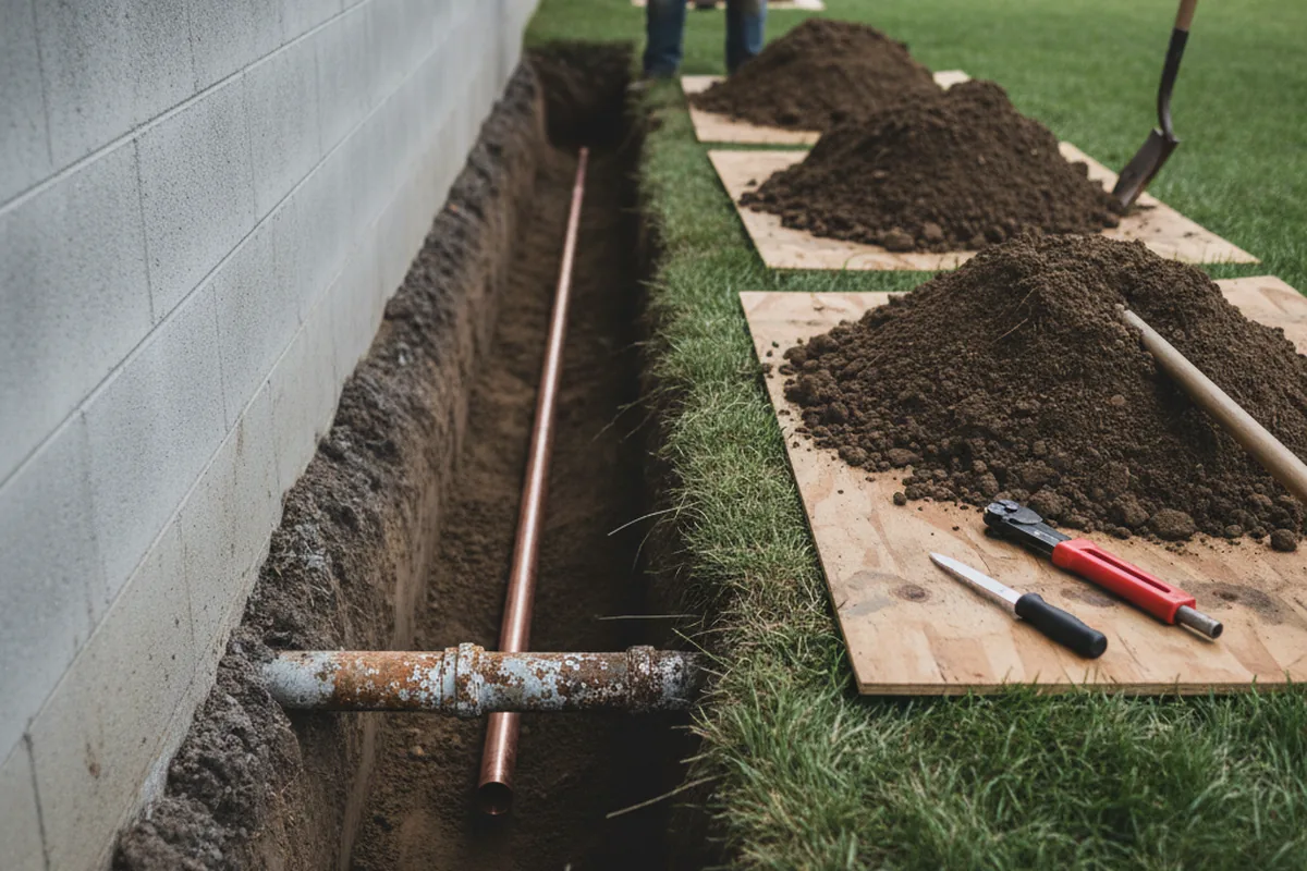 Excavated water line trench during Sewer Line Repair in Mount Upton